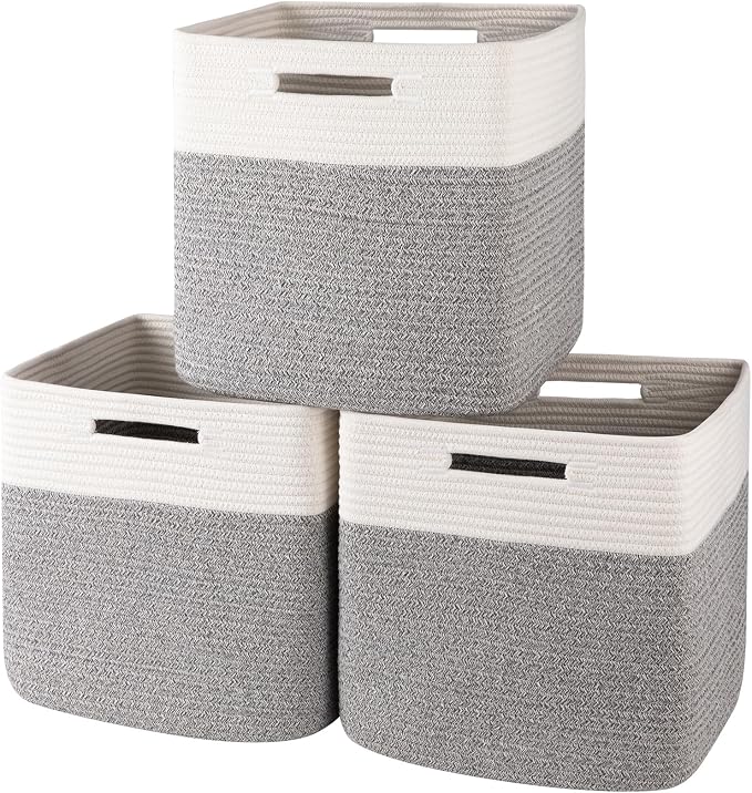 OIAHOMY 13 Inch Cube Storage Bins, 3-Pack Cotton Rope Woven Baskets for Organizing, Insert Storage Baskets for Shelves, Baby Nursery, Closet Organizer, 13 * 13 * 12.6IN, Grey & White