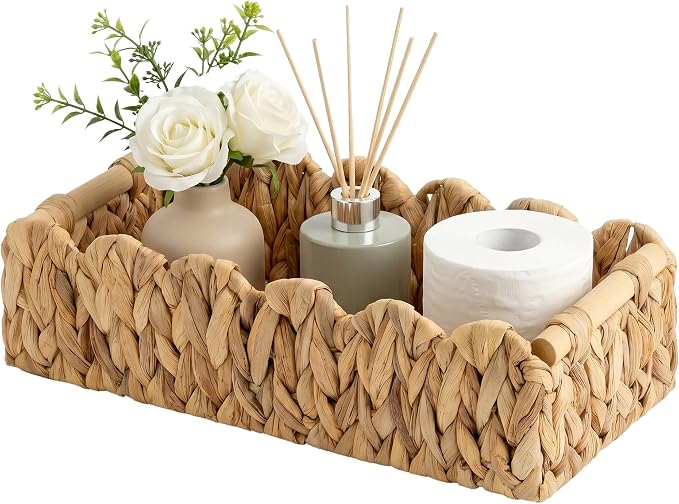 StorageWorks Toilet Paper Storage Basket, Living Room Organizers and Storage, Toilet Paper Basket with Wooden Handles, Small Water Hyacinth Scalloped Basket, Natural