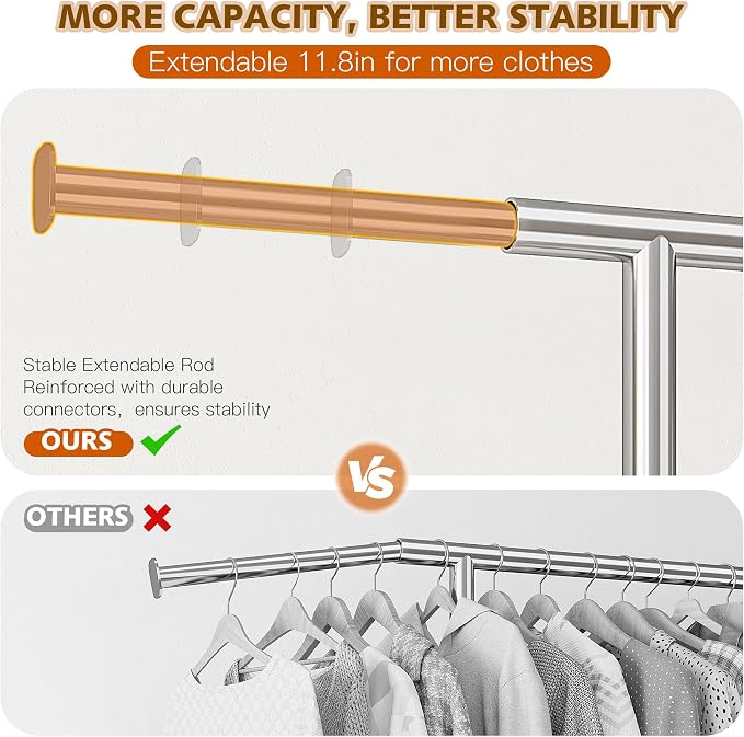 Raybee Heavy Duty Clothes Rack, 530LBS Capacity, Space-Saving Storage | 75"W Extendable Rod, Height Adjustable, Bottom Shelf, 360° Lockable Wheels, Collapsible Design, 5-Minute Tool-free Assembly