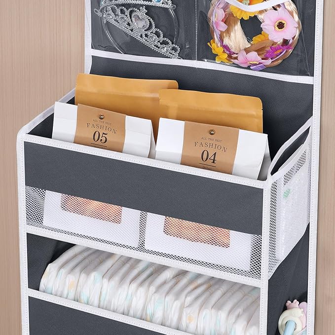 Univivi Over The Door Organizer, 6 Shelf Door Hanging Organizer Nursery Door Storage with PVC Pockets 8 Side Pockets for Bathroom,Cosmetics and Nursery Baby Essential