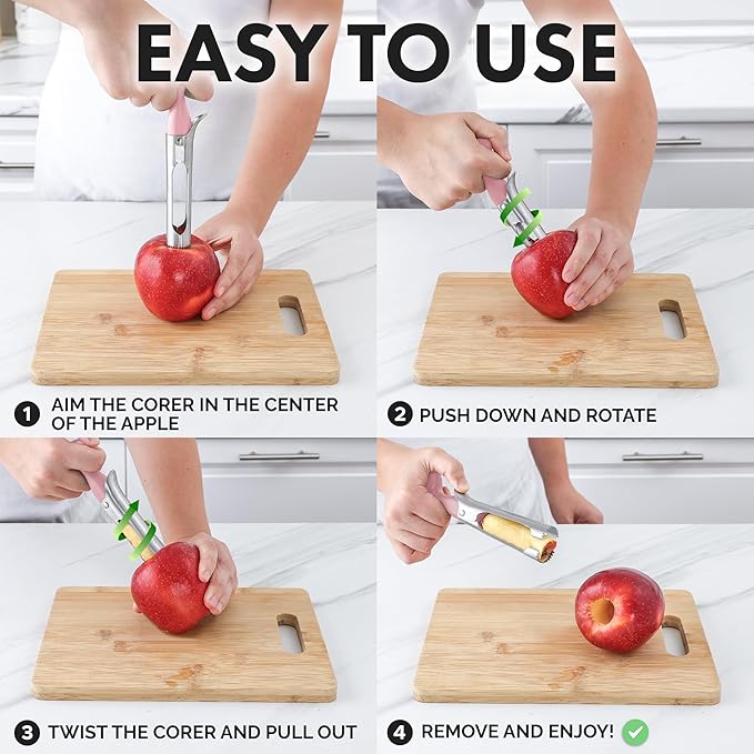 Zulay Kitchen Ultra Sharp Apple Corer Tool - Stainless Steel, Sharp & Serrated Blade Cores in Seconds - Easy to Use & Clean, Durable Apple Core Remover for Apples & Small Fruits - Pink
