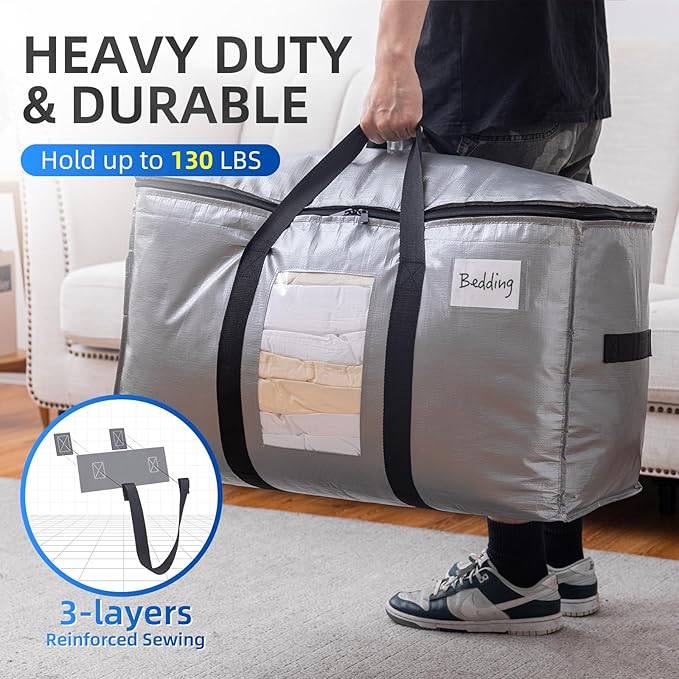 TAILI Extra Large Moving Bags, 6 Pack Silver Heavy Duty Totes for Storage with Visible Window, Wrap Around Handles, Storage Bags for Space Saving, Alternative to Moving Boxes