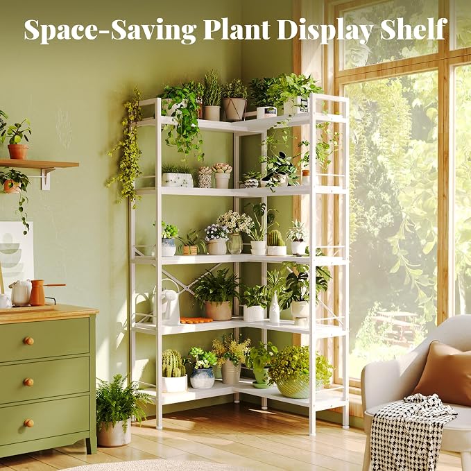 Huuger 5 Tier Bookshelf, L Shaped Corner Bookshelf with 10 Open Shelves, 49.4 Inch Straight Wide Bookcase with Metal Frame and Wooden Board, Adjustable Feet, White