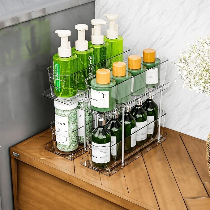 SUOXING 6 Pack Bathroom Under Sink Organizer for Small Spaces,5.1" Narrow 2 Tier Under Cabinet Storage for Cleaning Supplies Organization,Pull Out Kitchen Cupboard Underneath Sink Organizer,Clear