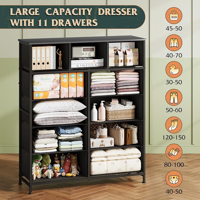 WLIVE Storage Organizer Unit with 11 Fabric Bins, Storage Drawers Organizer with Steel Frame, Tall Storage Tower Organizaton for Living Room, Hallway, Office, Vintage Green