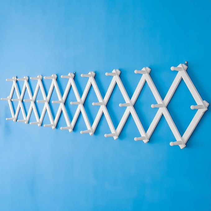SKOLOO Accordion Wall Hanger with 28 Hooks, Modern Expandable Coat Rack Hat Rack for Wall, Solid Wooden, White