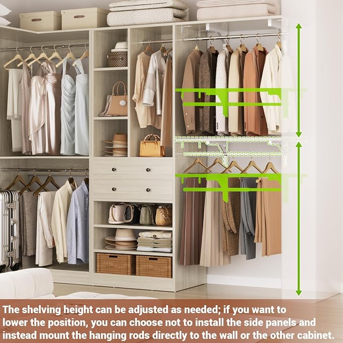 Large Closet System (Set of 3) with 4 Drawers, 8 Hanging Robs, 91.5"/151" Closet Organizer System with Corner Tower, Reversible Walk-in Closet System Corner Closet System, Greige Oak