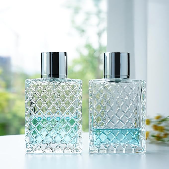 YU FENG 2 Pack Perfume Spray Bottles, 100ml/3.4oz Refillable Glass Atomizer | Diamond Pattern Clear Glass Bottle, Fine Mist Spray, Empty Cologne Container, Essential Oil & Travel Perfume Atomizer
