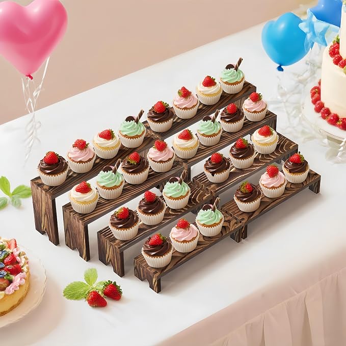 2 Set wood tone Wooden Tiered Display Stands 4 Tier Stackable Pine Wood Display Risers, Suitable for Vendor Events, Cupcake Stands, cake stand Wooden Dessert Table Sets, Vendor Booth Displays,Cosmetic & pantry organizers and storage can organizer, Kitc...
