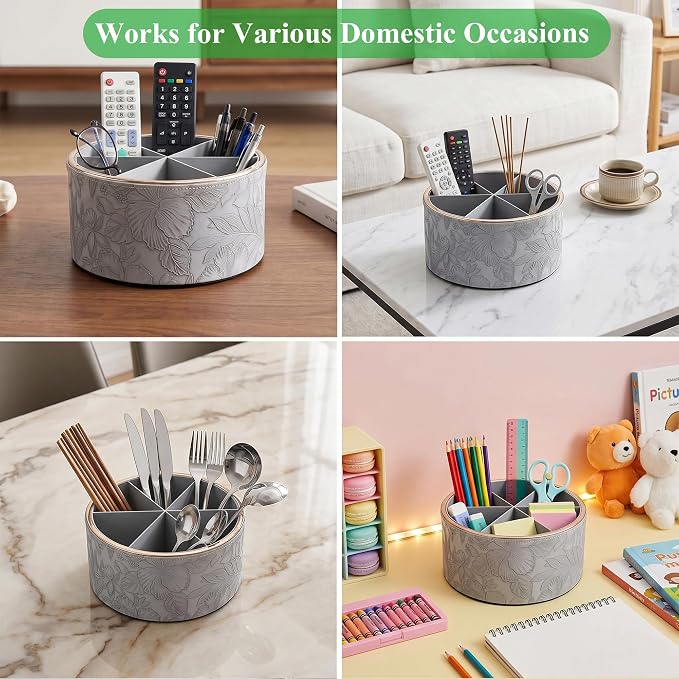 Remote Control Holder, 360°Spinning PU Leather Desk TV Remote Caddy,Desk Storage Box Room Accessories for Controller, Media,Mail,Calculator, Mobile Phone,Pencil(1B-Golden Grey)
