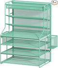 7 Tier Desk File Organizer,Metal Document Holder with Adjustable Shelves, Pull-Out Drawer & Removable Pen Holder for Office Organization,Green