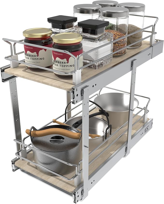 2 Tier Pull Out Cabinet Organizer 11.06" W X 22" D, Wood & Chromed | Full Slide Out Drawers For Kitchen Cabinets, Cabinets Capacity Heavy Duty Caddy, Cabinet Pullout Shelves , Pantry Storage