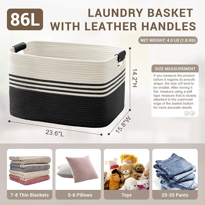 86L Large Woven Laundry Basket Hamper with Leather Handles,Black | 24"x16"x14", collapsible wicker hamper, storage for dirty clothes, toys, blankets, gifts, living room, bedroom, bathroom