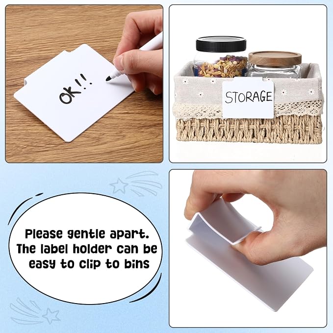 Chinco 24 Pcs Basket Label Clips Set Include 30 Removable Kitchen Clip Label Holder PVC Storage Bin with 2 Chalk Markers for Basket Kitchen Pantry Organization (White Clip,Black Pen)