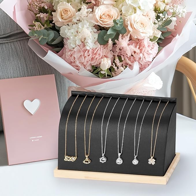 KUKUVR PU Cambered Necklace Display Stand for Women, Wood Base Jewelry Holder Rack for Necklace Pendant Bracelet Chains, Necklaces Storage Organizer Showcase for Selling Vendors exhibition (Black)
