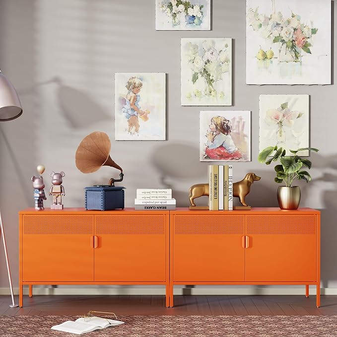 Ustamio Orange Wide Metal Locker Storage Cabinet, 2 Door Metal Accent Cabinet for Home and Office, 2 Tier Low Metal Cabinet with Doors and Shelf, Multipurpose Metal Tv Stand Cabinet