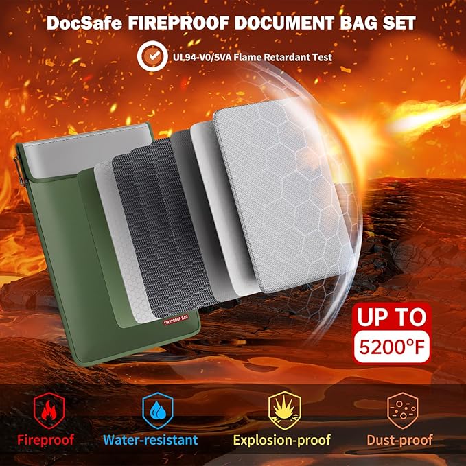 DocSafe Fireproof Document Bag (5200℉) with Fireproof Organizer Travel Case,Heat Insulated Fire＆Water Resistant 8 Layers Safe Money Bag Storage for Important Documents,Cash,Power Bank,Valuables,Green