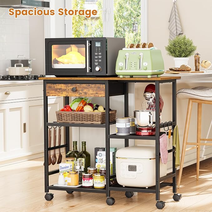 Microwave Stand, Coffee Cart, Microwave Cart with Wheels & Adjustable Shelf | Coffee Bar Table Station, Rolling Storage Cart Organizer Shelf for Living Room, Kitchen Island, Office, Rustic Brown