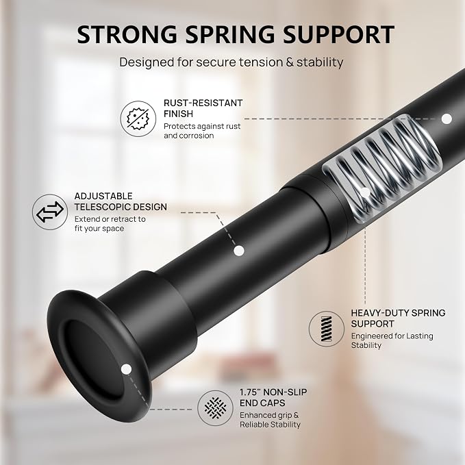Tension Curtain Rod by EZFurni, 28 to 42 Inch, Adjustable Curtain Rods No Drilling, Heavy Duty Tension Rod, Anti-Slip Spring Loaded Curtain Rods for Window, Closet, Door, Black