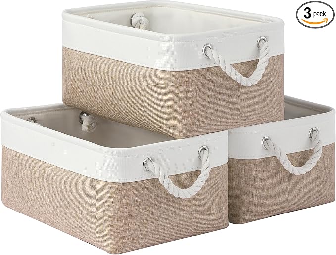 13.8x9.8x6.7 Inch Fabric Small Storage Bins with Handles 3 Pack | Foldable Storage Basket, Sturdy Metal Strand, Cardboard Support Molding, Small Baskets for Organizing, Shelves, White/Khaki