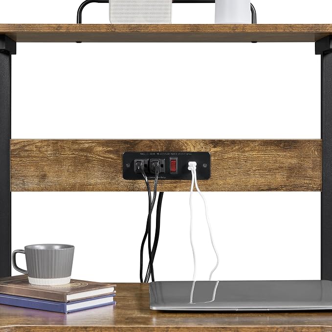 Topeakmart 3 Tiers Rolling Computer Desk with Power Outlet and USB Ports for Space Saving, Home Office Desk with Keyboard Tray and Printer Shelf on Wheels, Laptop PC Workstation Table, Rustic Brown