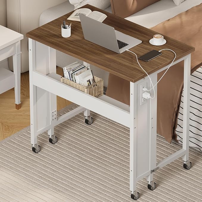 CHOEZON Folding Desk with Power Outlets, 31.5" Rolling Computer Table with Wheels, Portable Office Desk with Storage Shelf for Small Spaces Rustic Brown and White TDN01UWL