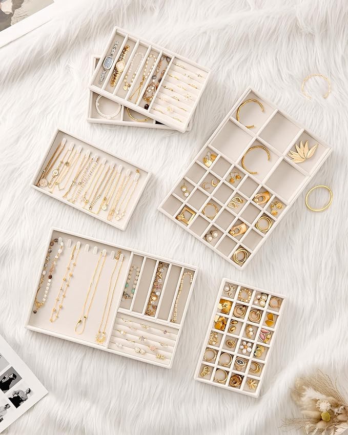 Lolalet Jewelry Drawer Organizer Inserts, Stackable Velvet Tray Jewelry Storage Organizers Set Display Cases for Necklaces Bracelets Earrings Rings Chains Bangles Watches, Beige, Set of 2