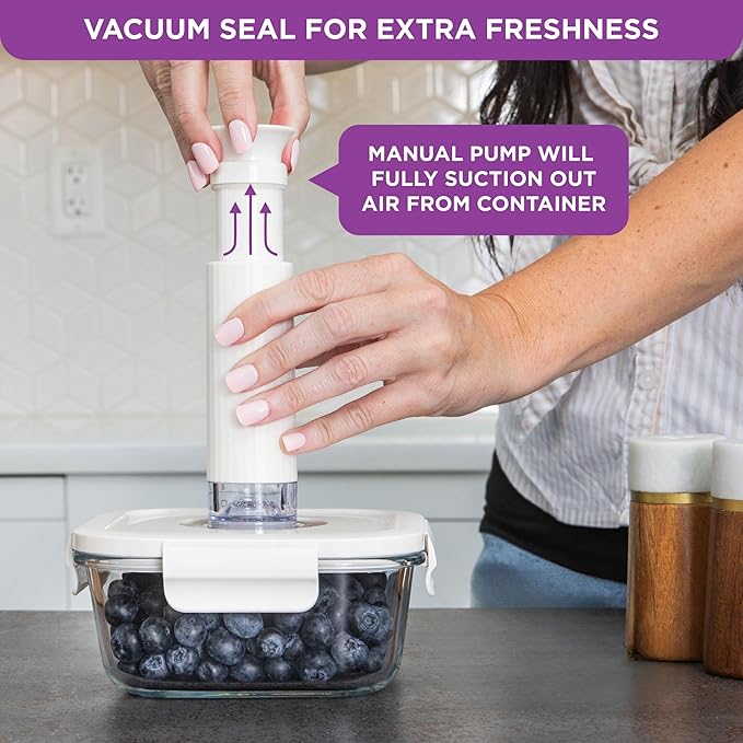 HOLDN’ STORAGE Vacuum Food Storage Containers, Set of 6 Glass Containers & Manual Pump - Keep Food Fresh Longer, BPA-Free Glass, Leak-Proof, Ideal for Meal Prep, Marinating