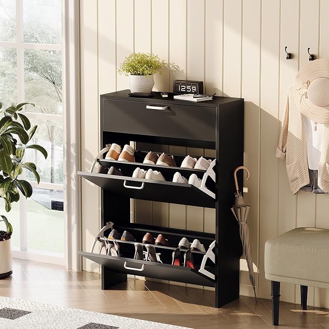 VINGLI Shoe Cabinet Storage for Entryway with 2 Flip &1Drop-Down Drawers | 24.8" W Narrow Slim,Modern Black Color,Holds 8–12 Pairs of Shoes,Smart Baseboard Cut-Out Design,9.45" Depth