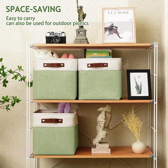 Patvingot Fabric Storage Cubes 11", 4 Pack, with PU Pull Handles,Foldable | For accessories on cube shelves or in closets; reinforced opening, pull-out access, folds flat when empty,white and green