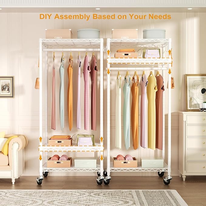FUTASSI Rolling Clothes Rack, Clothing Racks for Hanging Clothes, White | P6 Mini Heavy Duty Garment Rack with Wheels, Freestanding Portable Closet Rack with Shelves, 23.6 In Wide, Max Load 360 LBS