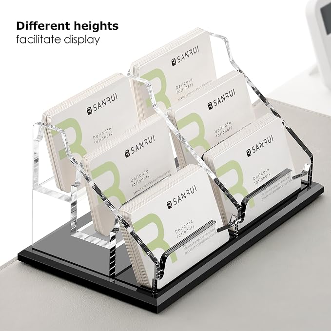 SANRUI Acrylic Business Card Holder, Black Business Cards Display Stand for Desk, Clear Horizontal 6 Slot Desktop Organizer , 360 Card Capacity
