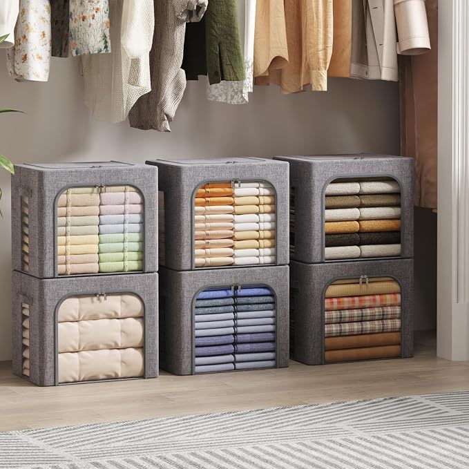 Lifewit Clothes Storage Bins with Metal Frame, Stackable Storage Box, Foldable Clothing Storage Bins with Lids, 40L Storage Bags Fabric Box Organizer with Clear Window＆ Zippers＆ Sturdy Handles 12 Pack