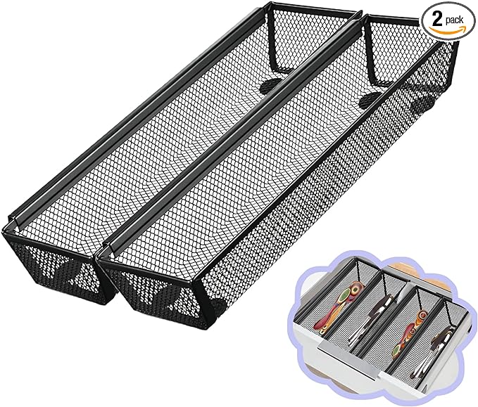 2PCS Drawer Organizer for Kitchen,Utensil Mesh Drawer Organizer with Interlocking Arm for Cosmetic,Flatware,Pen (12 * 3 * 2 Inches,Black)