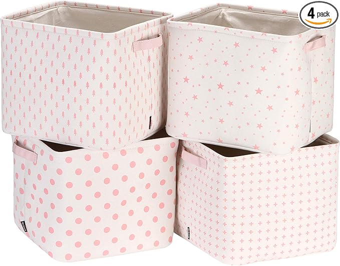 Sea Team Collapsible Canvas Fabric Storage Basket with Handles, Square Storage Box, Cube, Foldable Shelf Basket, Closet, Desk Organizer for Nursery, Home, Office (Pink, Set of 4)