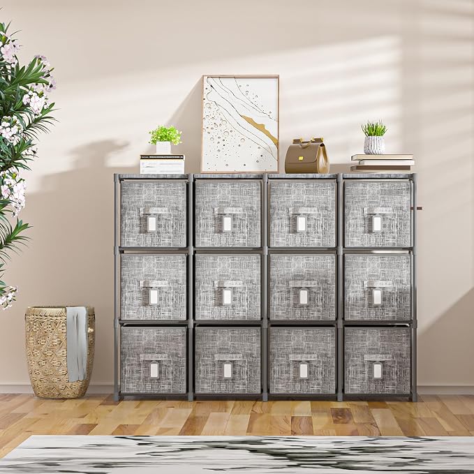 LUKYTOWER Cube Storage Organizer Shelf with 6 Printed Bins + Labels, Adjustable Modular Cubby Storage Organizer with Bins, Large Capacity Shelves for Storage,Closet, Living Room, Dorm, Yarn