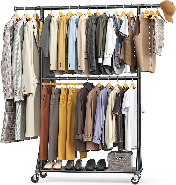 Heavy Duty Clothes Rack Load 760 LBS, Double Tier Rolling Garment Rack with Wheels, Adjustable Height Clothing Rack for Hanging Clothes, Double Rod Sturdy Metal Clothes Hanging Rack for Bedroom