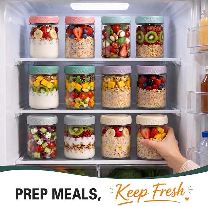 Overnight Oats Containers with Lids, Mason Jars 16 oz, Glass Storage Jars | 12 Pack Wide Mouth Glass Jars with Airtight Lid, Small Parfait Cups with Lids for Yogurt, Storage, Chia, Snack, Spice, Seed