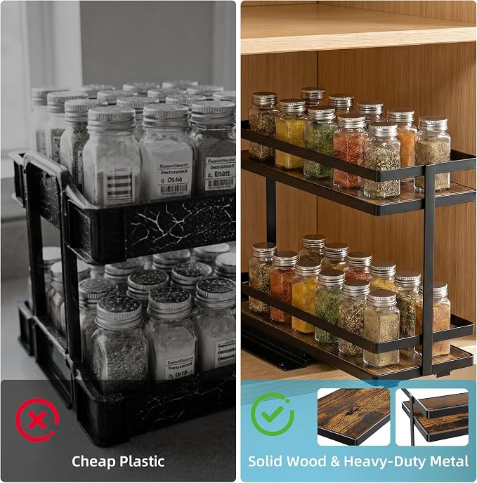 Pull Out Spice Rack 2-Tier Metal & Wood Seasoning Organizer | No-Drill Install | Full-Extension Silent Glide | Each Tier Holds 10–12 Standard Spice Bottles | Rustproof, Wipe-Clean Surface