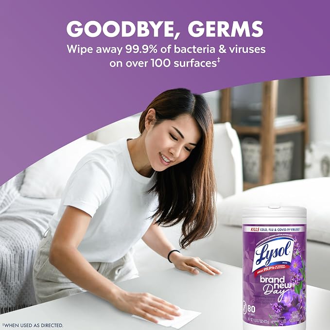 Lysol Disinfecting Wipes, Multi-Surface Cleaner, Lavender, 80 ct. | All Purpose Cleaner, Sanitizing, Deodorizing, Apartment Essentials, Back To School Cleaning Supplies, Kitchen & Bathroom Wipe