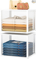 2 Pack Stackable Closet Organizers and Storage Basket, Closet Shelves with Wood Top Extra Storage, Multifunctional Clothes Organizer Bins/Cube Storage Drawer for Wardrobe Kitchen Laundry Room, White
