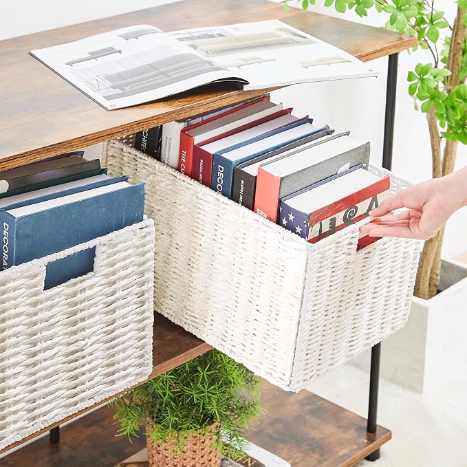 Vagusicc Wicker Storage Basket, Set of 2 Hand-Woven Paper Rope Wicker Basket, Small Storage Baskets for Organizing Toilet Paper Basket, Foldable Large Cube Storage Organizer Bins for Shelves (White)