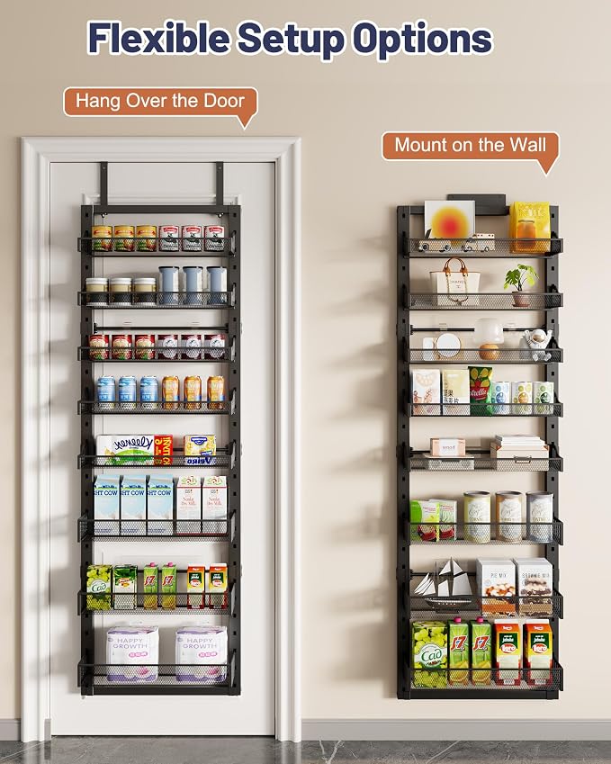 8 Tier Pantry Door Organizer, 2 IN 1 Over the Door Pantry Organizer with Metal Adjustable Baskets,Spice Rack Wall Mount or Door Organizer, Door Spice Rack for Pantry