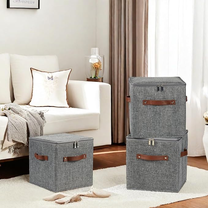2PCS Storage Cubes with Lid Fabric Storage Bins Boxes PU Leather Handles Cotton Linen Closet Organizer Container Decorative Foldable Washable Shelf Cloth Basket (Zipper Lid, Gray, 11in)