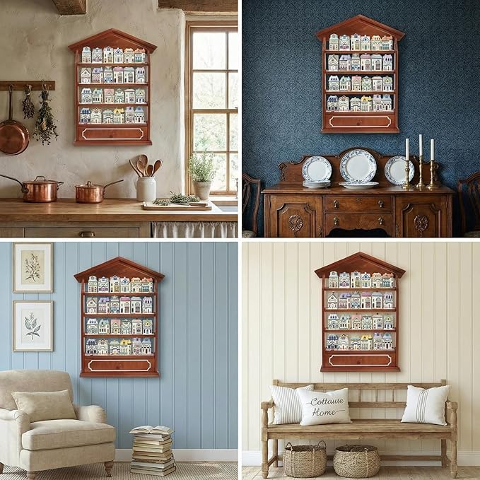 Chunful Vintage Spice Jar Wooden Rack with 4 Tier Hanging Spice Rack Wall Mounting Kitchen Storage Village Style Display Shelf for 24 Jar, Christmas Wedding Bridal Gift, Shelf Only(Classic)