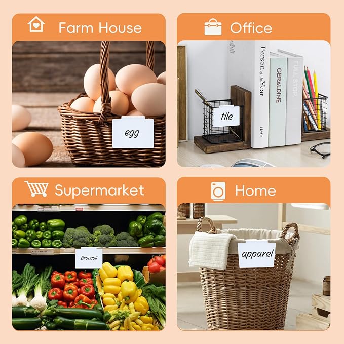 14 Pcs Set of Basket Labels Clip On for Storage Bins | 12 White Removable Bin Labels with 1 Chalk Marker&Wipe Cloth, Hanging Basket Tags for Pantry, Office, Classroom Organization