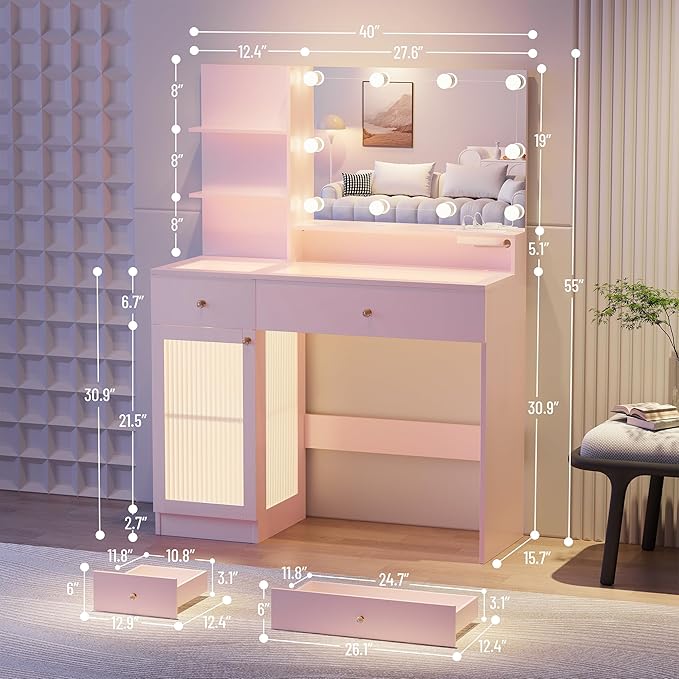INNOD 40" Vanity Desk with Large Mirror and Lights, Modern Glass Top Makeup Vanity Set with Power Outlet,Pink