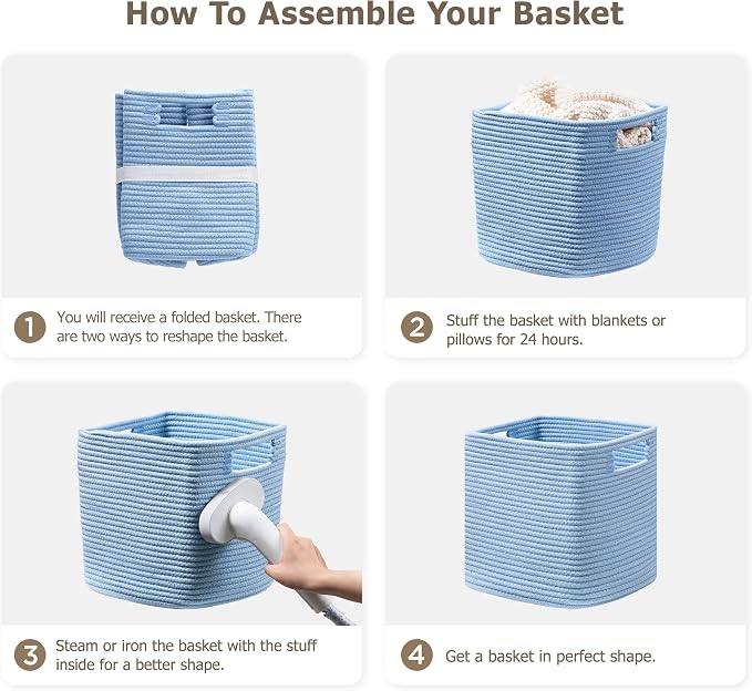 UBBCARE Storage Cubes 11 Inch, Cotton Rope Woven Baskets for Organizing, Cube Storage Bin for Baby Nursery, 4-Pack Square Toy Storage Baskets for Shleves Organizer, Closet, Kidsroom, Blue
