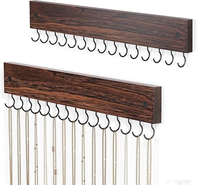 Lolalet Wooden Necklace Holder for Wall with 15 Hooks -2 Set, Brown | Wall Mount Jewelry Hangers for Necklaces, Chains, Bracelets and Earrings, Tangle-free, Easy to Install