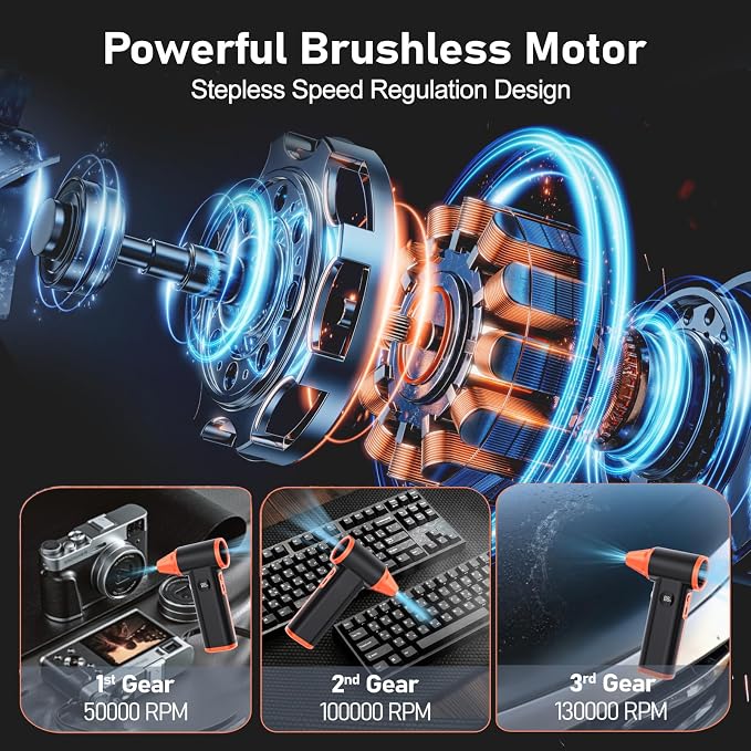 Compressed Air Duster Rechargeable Electric Air Duster for PC Keyboard Mini Dust Blower 130000RPM Cordless Air Blower Jet Dryer Turbo Fan Handheld Blower for Car Home Office, Black-Orange